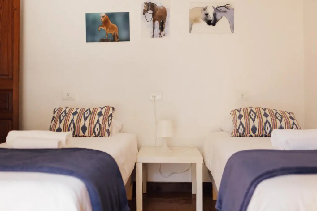 Zimmer mit zwei Einzelbetten, an der Wand zwei Poster mit Pferdemotiv.